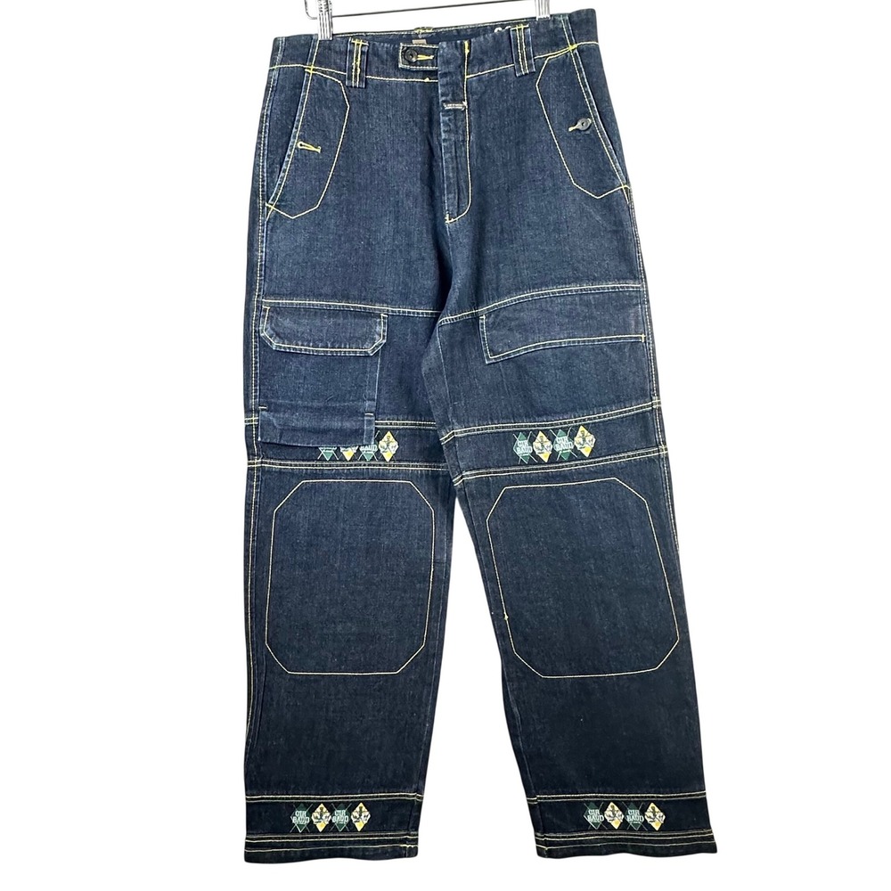 Marithe Francois Girbaud Baggy Shuttle Tape Denim Jeans Dark Wash Yellow Mens 34